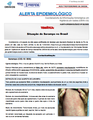 ALERTA EPIDEMIOLÓGICO Nº 03.2025 SITUAÇÃO DO SARAMPO NO BRASIL
